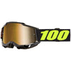 Detailed studio photograph of 100%, Accuri 2.0 Goggle (Mirror Lens), Goggles, SKU 610-5364, color options Fairbanks, Mirror True Gold Lens, Samba, Mirror Silver Lens, 2028, Mirror Blue Lens, Yumiko, Mirror Silver Lens, Torken, Mirror Red Lens, Risland, Mirror True Gold Lens, Razza, Mirror Silver Lens, Neon Yellow, Mirror Silver Lens and more
