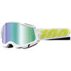 Studio image highlighting 100%, Accuri 2.0 Goggle (Mirror Lens), Goggles, SKU 26013101, color options Fairbanks, Mirror True Gold Lens, Samba, Mirror Silver Lens, 2028, Mirror Blue Lens, Yumiko, Mirror Silver Lens, Torken, Mirror Red Lens, Risland, Mirror True Gold Lens, Razza, Mirror Silver Lens, Neon Yellow, Mirror Silver Lens and more