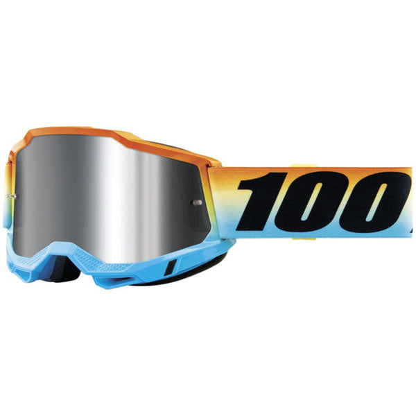 High-resolution studio image of 100%, Accuri 2.0 Goggle (Mirror Lens), Goggles, SKU 26013102, color options Fairbanks, Mirror True Gold Lens, Samba, Mirror Silver Lens, 2028, Mirror Blue Lens, Yumiko, Mirror Silver Lens, Torken, Mirror Red Lens, Risland, Mirror True Gold Lens, Razza, Mirror Silver Lens, Neon Yellow, Mirror Silver Lens and more