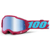 High-resolution studio image of 100%, Accuri 2.0 Goggle (Mirror Lens), Goggles, SKU 26013320, color options Fairbanks, Mirror True Gold Lens, Samba, Mirror Silver Lens, 2028, Mirror Blue Lens, Yumiko, Mirror Silver Lens, Torken, Mirror Red Lens, Risland, Mirror True Gold Lens, Razza, Mirror Silver Lens, Neon Yellow, Mirror Silver Lens and more