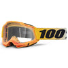 Detailed studio photograph of 100%, Accuri 2.0 Goggle (Clear Lens), Goggles, SKU 5641204600, color options 2028, Fairbanks, Samba, Torken, Yumiko, Ferran, Matigofun, Schrute and more
