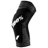 Catalog studio image of 100%, Ridecamp Knee Guards (MTB), Knee & Shin, SKU 27040594, color options Grey Heather/Black, Red/Black, Black/Grey, sizes S–XL, Designed for Mountain Bike, BMX and E-Bike riders