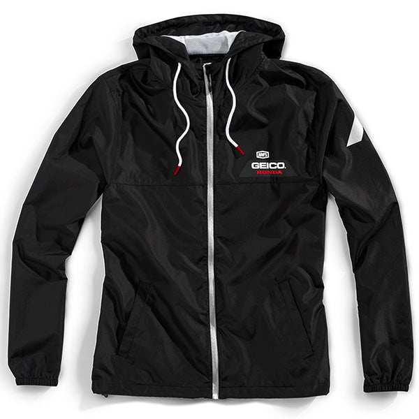 Studio photo of 100%, Capstone Geico Honda Hooded Jacket, SKU 39907-001-11, color Black, sizes MD, SM