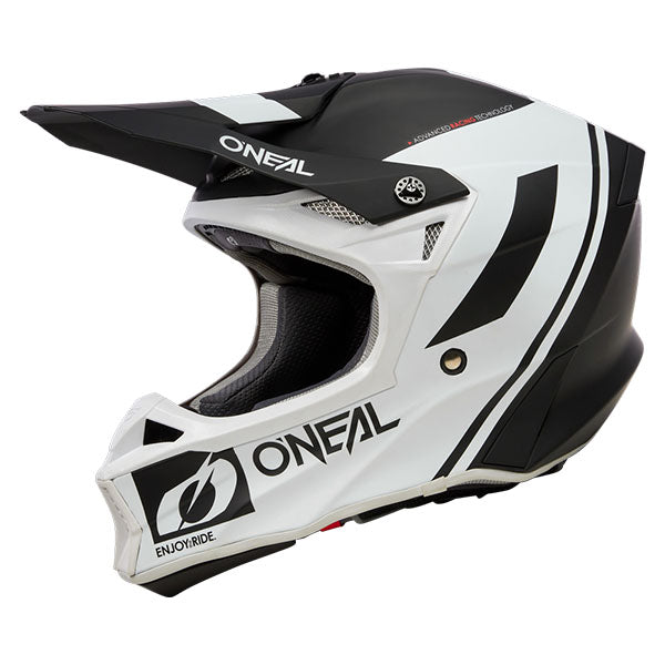 High-resolution studio image of O'Neal, 10 Series Flow V.23 Helmet, SKU 0630-141, color options Black/White, Blue/White/Red, Grey/Neon Yellow, sizes XS–2X