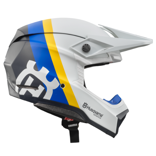 Motocross helmet with blue, yellow, and gray design on a white background
