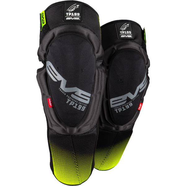 Studio product photo on a white background of EVS, TP199 Knee/Shin Guards, side view, Colors: Black/Hi Vis, SKU 663-1438S