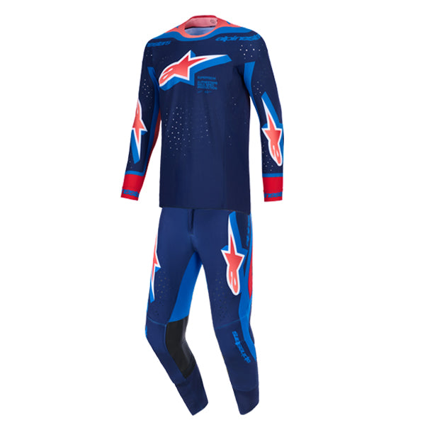 Alpinestars, Supertech Vista Jersey, Pant Combo, Dark Navy/Hot Coral/Cobalt, Yellow/Purple/Black, Light Gray/Yellow Fluo/Blue product photo