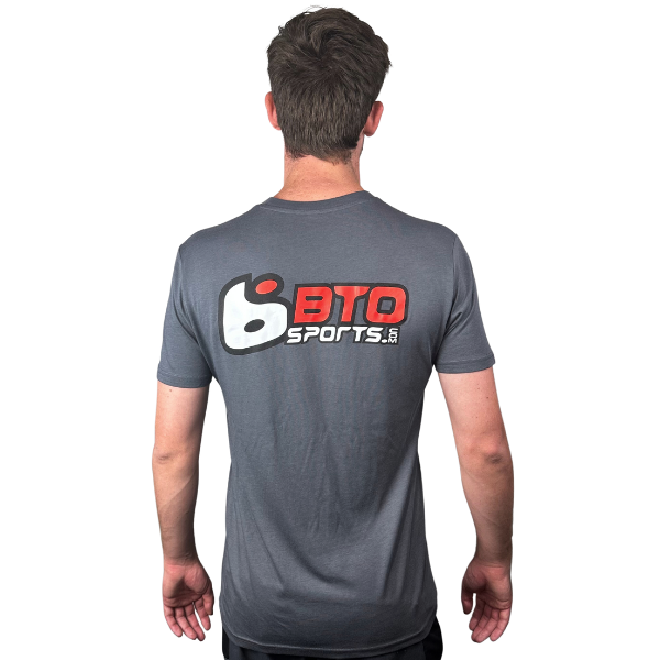 Studio photo on a white background of BTO Sports Simple Tee Shirt; showing tee fit, printed graphics, and crew neckline; SKU BTO-SIMPLE-BLK-S