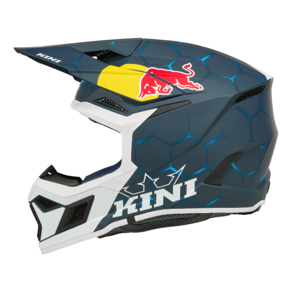 Detailed studio photograph of O'Neal, Kini Red Bull MX3 1.0 Helmet, SKU K0603-005, color options Blue/White, sizes XS–2X