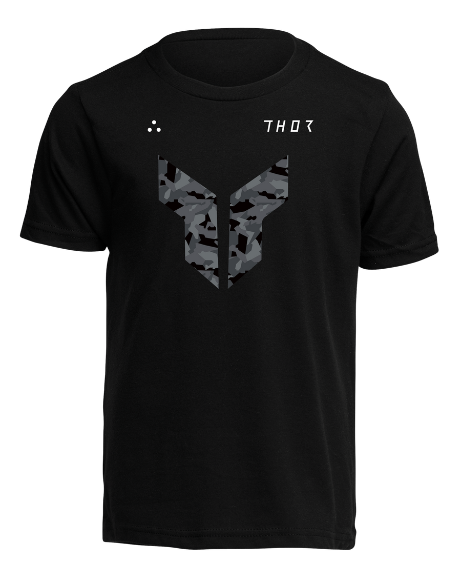 Clean studio shot of Thor Boys Iconic T-Shirt (Youth); showing tee fit, printed graphics, and crew neckline; SKU 303238; Colors: Carbon, Dry Lake, Toxic