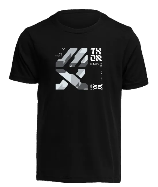 Studio photo on a white background of Thor Boys Forge T-Shirt (Youth); showing tee fit, printed graphics, and crew neckline; SKU 303238; Colors: Black