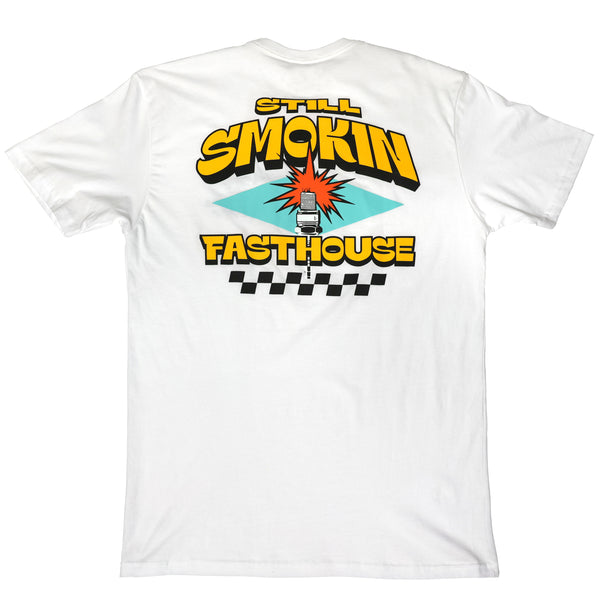 Studio photo on a white background of Fasthouse 4 Ever 2 Smokin Tee; showing tee fit, printed graphics, and crew neckline; SKU 3610110904; Sizes: S-3XL