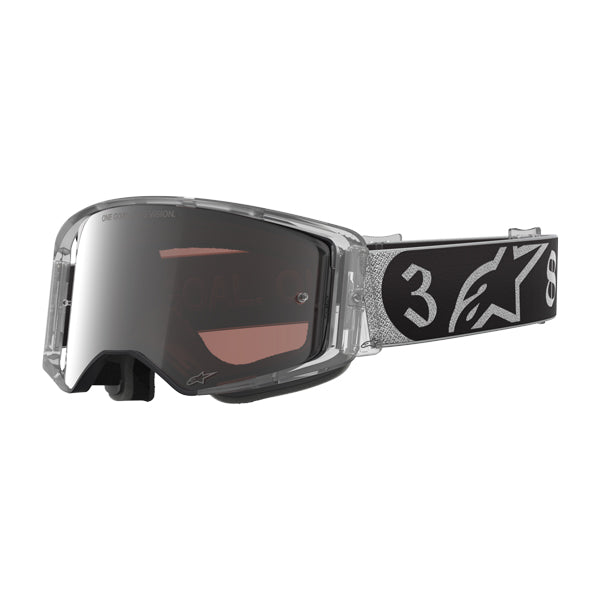 Crisp studio image on a white background of Alpinestars - LE DNGR38 XXV Supertech Vision Goggles; SKU 26013981; Colors: Silver/Black/Mirror Lens