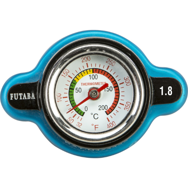 Clean studio shot of Fire Power, Radiator Caps with Temperature Gauge, front view, showing overall shape and visible design details, Colors: Most Japanese Models, Blue, 26psi (1.8KG), Most KTM/Husqvarna up to 2015, Blue, 26psi (1.8KG), Most KTM/Husqvarna '16+, Black, 28.5psi (2.0KG), SKU 57-145