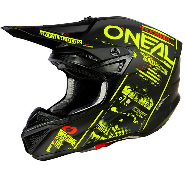 Studio photo showcasing O'Neal, 5 Series Attack V.23 Helmet, SKU 0628-181, color options Black/Neon, Black/White, sizes XS–2X