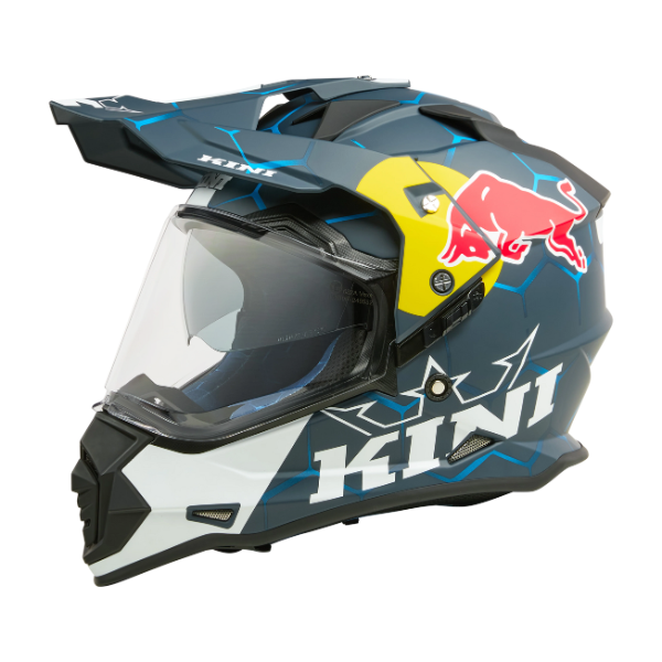Studio product photo on a neutral background of O'Neal, Kini Red Bull ADV 1.0 Helmet, SKU K0818-001, color options Blue/White, sizes XS–2X