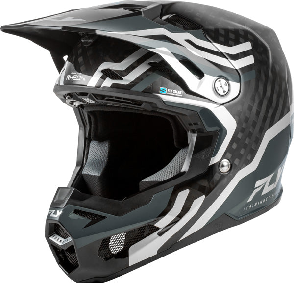 Image of fly racing , in black carbon and grey and silver, carbon shell, protective shell, on a white studio background, for motocross / off‑road use, | Fly Racing - Formula S Carbon Byte Helmet (Youth) | SKU 73-4450 | Colors: Black Carbon/Grey/Silver, Blue Carbon/Blue/White, Black Carbon/Teal/Lime, Red Carbon/Red/Grey | Available at BTO Sports