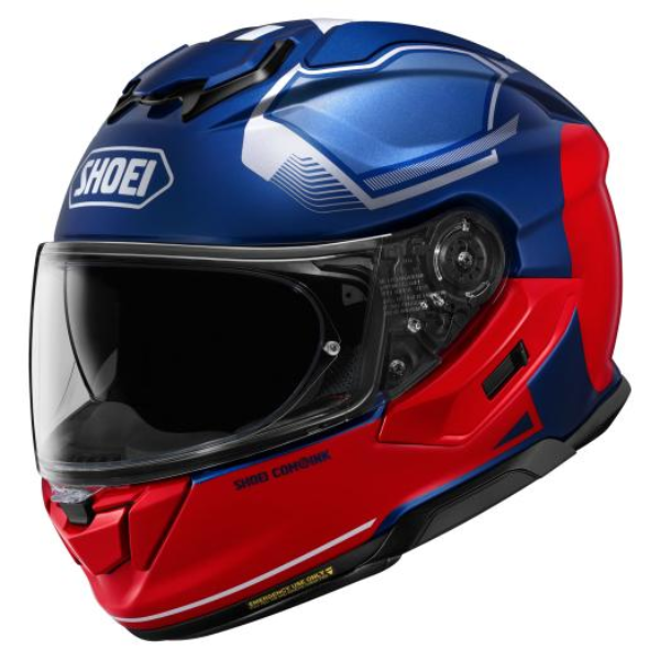 Studio image on a white background of Shoei, GT-Air 3 Mike Helmet, detail view, highlighting helmet profile, visor area, and surface finish, Colors: Blue/Red TC-2, Yellow/White TC-3, Black/Green TC-4, White/Black TC-6, SKU 0121170203