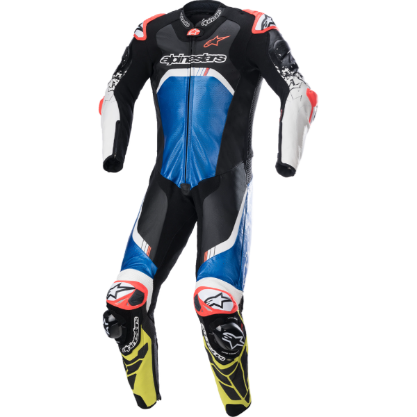 Clean studio shot of Alpinestars, GP Tech V4 Leather Race Suit, front view, Colors: Black/Blue/Yellow Fluo, Black/Red/Yellow Fluo, Black/White, SKU 280115