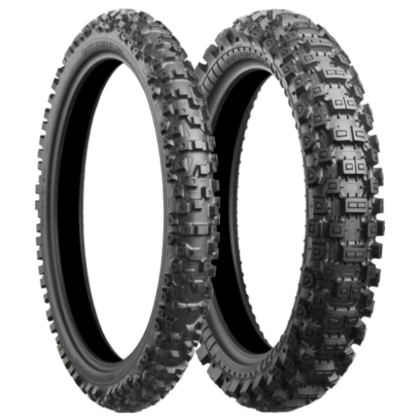 Product photo on a clean white background of Bridgestone, Battlecross X40 Tires, side view, showing overall shape and visible design details, Colors: Front, Rear, SKU 03120277