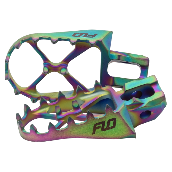 Professional studio photo of Flo Motorsports - Pro Series Titanium Footpegs; showing overall shape and visible design details; SKU 122-8026T