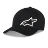 Alpinestars Corp Shift Multi Hat SKU 48276364 in black, front angled view showing curved bill and bold white Alpinestars star logo, motocross lifestyle fitted cap.