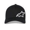 Alpinestars Corp Shift Multi Hat SKU 48276364 in black, front straight view with curved brim and offset white star logo, motocross riding casual style hat.