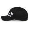 Alpinestars Corp Shift Multi Hat SKU 48276364 in black, left side profile showing structured crown and curved visor, clean motorsports inspired design.