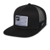 Angled front-side view of Alpinestars Flag Flat Trucker Hat SKU 48276370 black colorway, flat bill mesh trucker cap with embroidered white Alpinestars flag patch.