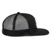 Side view Alpinestars Flag Flat Trucker Hat SKU 48276370 in solid black with mesh back and flat bill, featuring white embroidered Alpinestars logo flag patch on front.