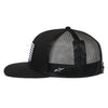 Side view of Alpinestars Flag Flat Trucker Hat SKU 48276370, black flat bill with mesh back, white Alpinestars flag logo patch on front, moto lifestyle cap.