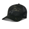 Alpinestars Recon Camo Trucker Hat, SKU 1235-81470, black camouflage pattern, left side view. This durable motocross hat shows the structured crown and curved bill with a black Alpinestars logo patch on the side of the mesh back.