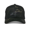 Alpinestars Recon Camo Trucker Hat, SKU 1235-81470, black camouflage pattern, front view. This motocross headwear features a curved bill, structured crown, and a raised black Alpinestars logo with a gray outline. The back is black poly mesh, with a small Alpinestars star logo on the right side.