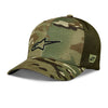 Alpinestars Recon Camo Trucker Hat, SKU 1235-81470, green camouflage pattern, front view. The front panel features a green and brown camouflage print, with a black Alpinestars logo centered on the crown. The back is dark green poly mesh. This high-performance headwear is a perfect fit for any rider.