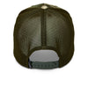 Alpinestars Recon Camo Trucker Hat, SKU 1235-81470, green camouflage pattern, back view. The dark green adjustable plastic snapback closure is visible, along with the dark green poly mesh back of the hat. A small Alpinestars star logo is visible on the left side of the closure.