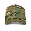 Alpinestars Recon Camo Trucker Hat, SKU 1235-81470, green camouflage pattern, front view. The structured crown and curved bill are clearly visible, with the black Alpinestars logo embroidered on the front. The hat is an ideal accessory for motocross enthusiasts.