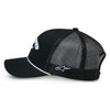 Alpinestars Agree Trucker Hat, SKU 1235-81460-1010-OS, in Black/Black, from a Left-side view. The black-on-black design is clean, with the white embroidered logos providing a strong visual contrast.