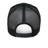 Alpinestars Agree Trucker Hat, SKU 1235-81460-1010-OS, in Black/Black, from a back view. The black poly mesh back and adjustable black plastic snapback closure are visible.