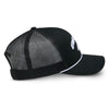 Alpinestars Agree Trucker Hat, SKU 1235-81460-1010-OS, in Black/Black, from a right-side view. The black-on-black design is clean, with the white embroidered logos providing a strong visual contrast.
