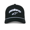 Alpinestars Agree Trucker Hat, SKU 1235-81460-1010-OS, in the Black/Black style, shown from the front. The hat is entirely black with a white embroidered logo and a white rope detail along the top of the bill, making it a sleek piece of motocross apparel.