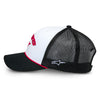 Alpinestars Agree Trucker Hat, SKU 1235-81460-2010-OS, in White/Black, shown from the left side. This view highlights the contrast between the white front, black bill, and black mesh, as well as the bold red logos. This is a must-have for dirt bike enthusiasts.