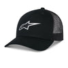 Angled front view of Alpinestars Reflect Ageless Trucker Hat, SKU 48276376, all black with reflective silver Alpinestars star logo, curved brim, and mesh back, motocross casual style.