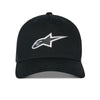 Front view of Alpinestars Reflect Ageless Trucker Hat, SKU 48276376, black with curved brim, reflective silver Alpinestars star logo, and black mesh back, motocross lifestyle cap.