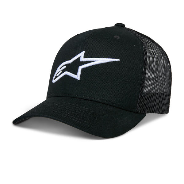 Clean studio shot of Alpinestars - Ageless Trucker Hat; showing overall shape and visible design details; SKU 482-763; Colors: Black/Black, Red/Black