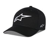 Angled front perspective of Alpinestars Ageless Multi Hat SKU 4827638 in black, clean embroidered design with motocross racing influence, fitted baseball cap style.