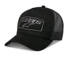 Angled front view of Alpinestars Focus Trucker Hat SKU 4827638 black with gray tonal logo patch, mesh rear, curved brim, motocross and powersports lifestyle cap.
