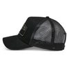 Left side profile of Alpinestars Focus Trucker Hat SKU 4827638 black, tonal embroidered Astars side logo, mesh trucker design, motocross casual wear hat.