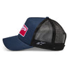 Left profile of Alpinestars Focus Trucker Hat SKU 4827638 navy with black mesh, side embroidered Astars star logo, breathable motocross trucker style cap.