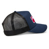 Side view of Alpinestars Focus Trucker Hat SKU 4827638 navy and black, mesh back panel, pre-curved brim, embroidered red Astars logo for motocross riders.