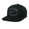 Alpinestars Promptus Snapback Hat, SKU 1235-81445-10-OS, in black, showing a front-quarter view. The flat-billed hat features a prominent gray Alpinestars logo patch with 